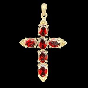 Vintage TW gold tone Sterling Silver 925 Garnet Cross Pendant 3”